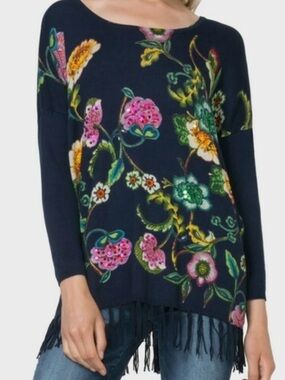 Desigual Navy Lng Sleeve Floral Sequins Embroidered Tassel Hem Pullover Sweater
